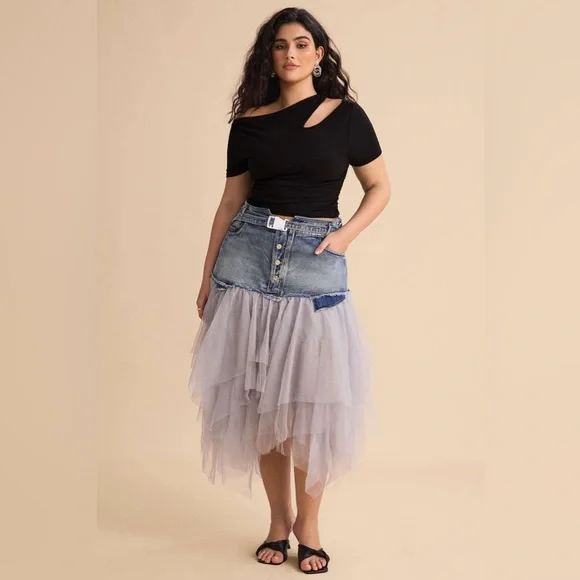Nwt Micas Denim Mesh Patchwork High Waist denim and tulle Skirt - Picture 4 of 17